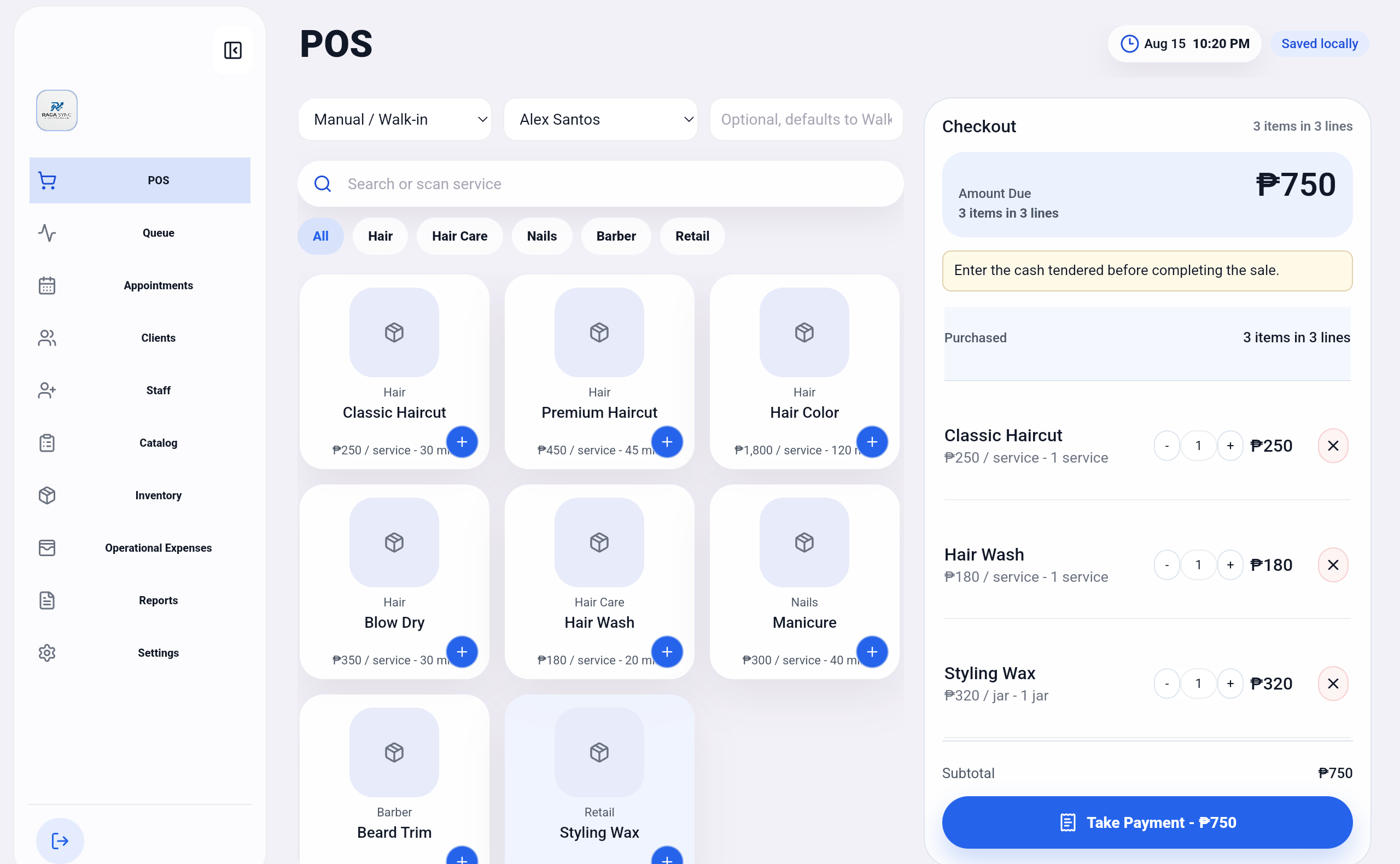RagaSync POS checkout screen
