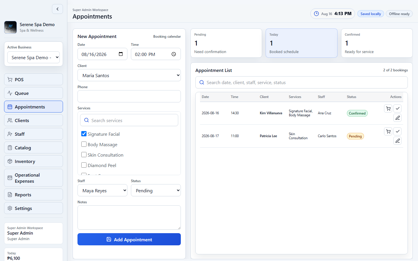 RagaSync spa appointments screen